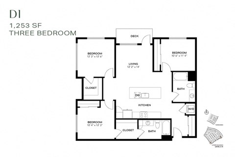 Floor plan for 3 beds, 2 baths, 1253 sqft